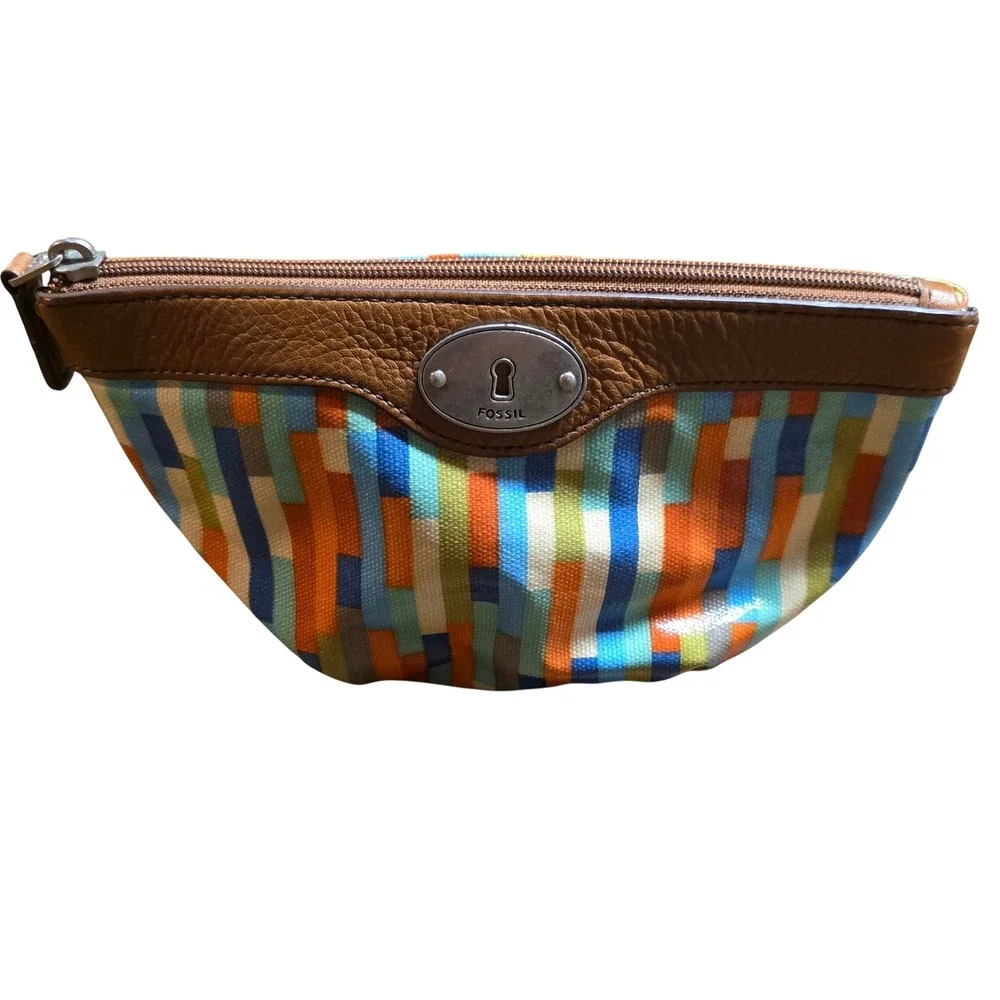Fossil Key-Per Multi-Color Geometric Coated Canvas Pouch with Leather Trim